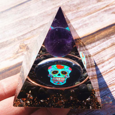 Olivenorma Amethyst&Obsidian Skull Symbol Orgone Pyramid