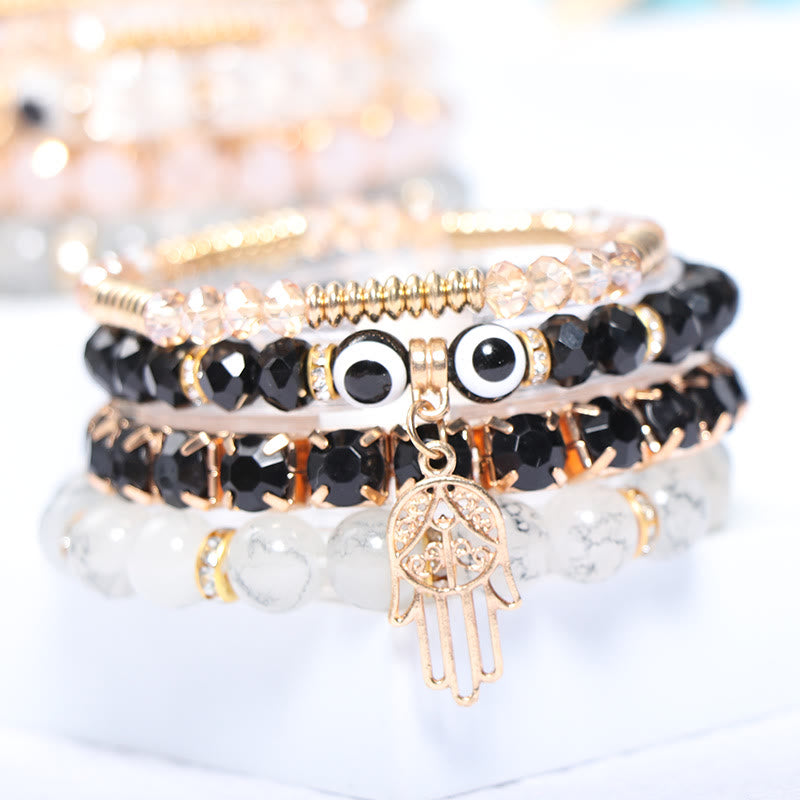 Olivenorma Evil Eye Hamsa Four Layer Beaded Bracelet Set