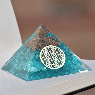 Olivenorma Clear Crystal With Aquamarine Healing  Orgone Pyramid