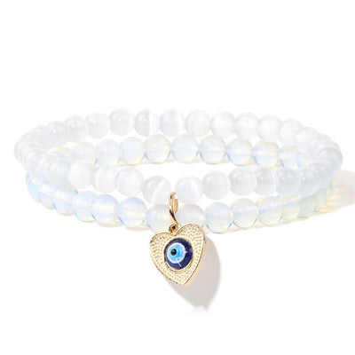 Olivenorma Cat's Eye Stone Evil Eye Pendant Double Layer Bracelet