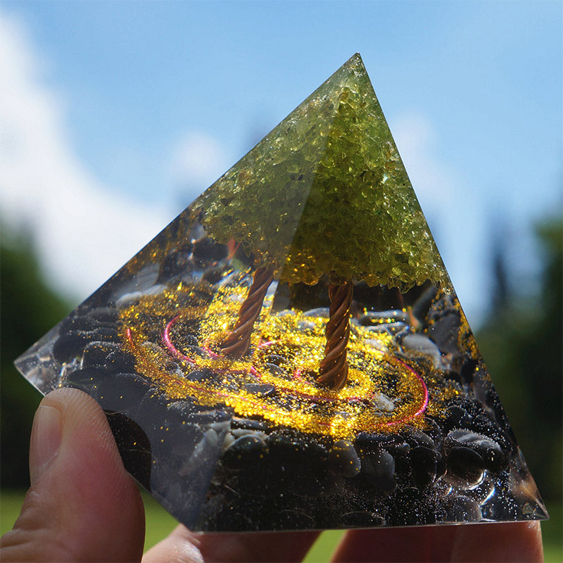 Olivenorma Peridot With Obsidian Tree Of Life Orgone Pyramid