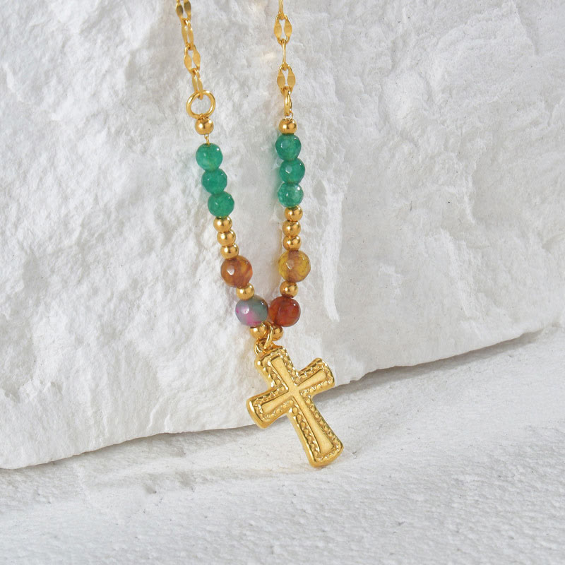 Olivenorma Crystal Beads Stainless Steel Cross Necklace