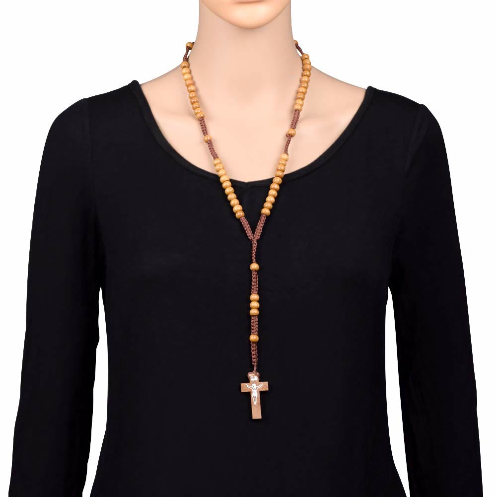 Olivenorma Cross Wooden Mala Bead Rosary Necklace