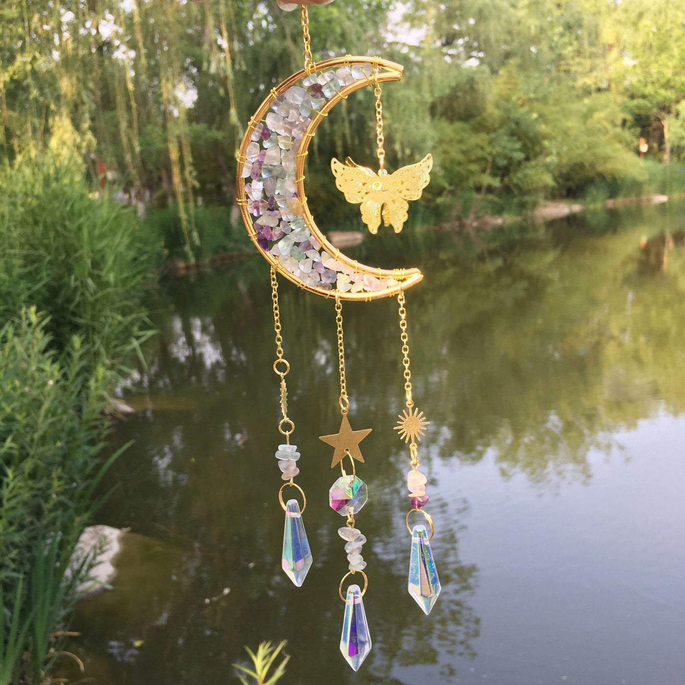 Olivenorma Natural Crystal Gravel Moon Butterfly Wind Chime