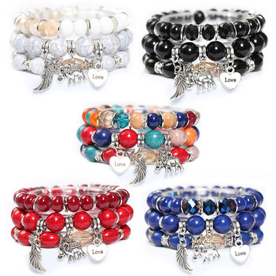 Olivenorma Elephant Wings Heart Pendant Beaded Bracelet Set