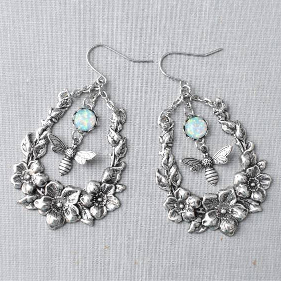 Olivenorma Opal Engraved Bee Flower Earrings