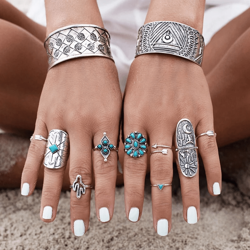 Olivenorma 9-piece Boho Stackable Turquoise Ring Set