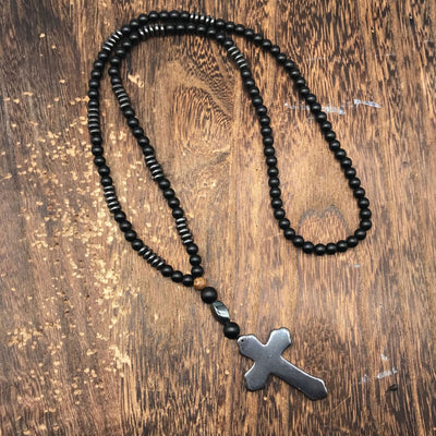 Olivenorma Wood Beads Stone Cross Pendant Rosary Necklace