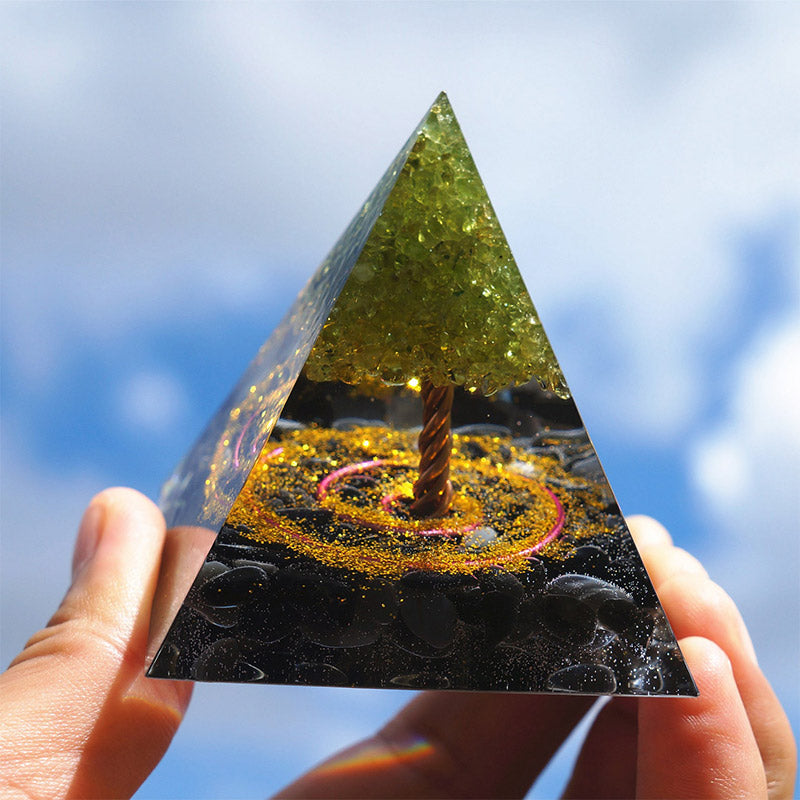 Olivenorma Peridot With Obsidian Tree Of Life Orgone Pyramid