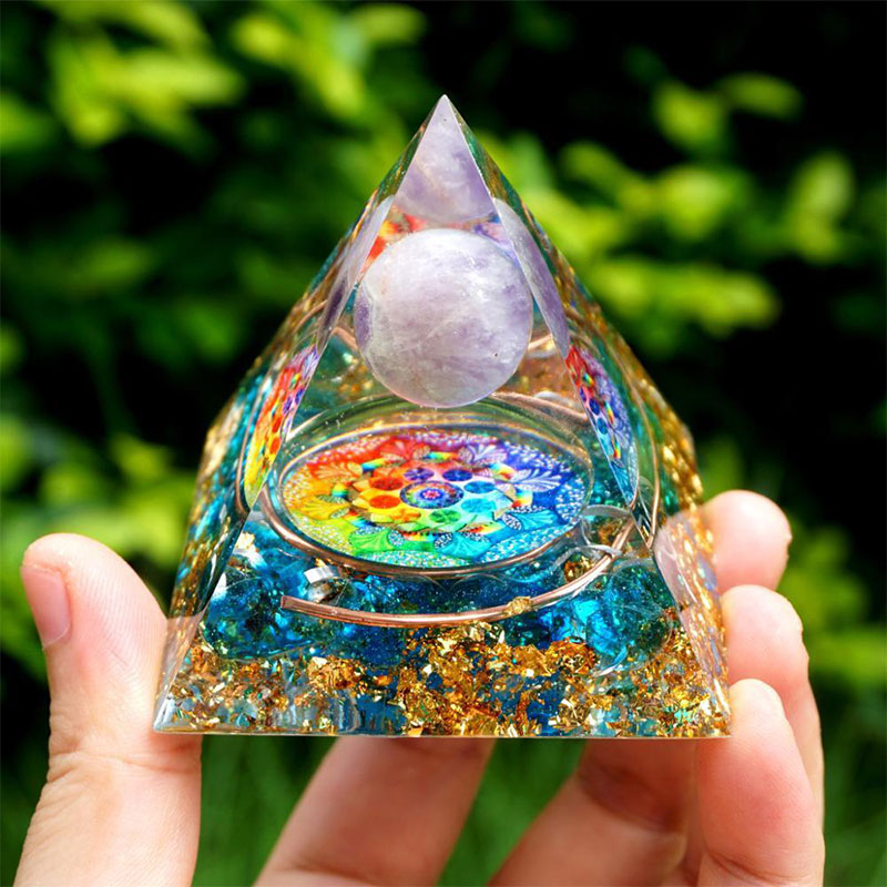 (Clearance 30% OFF / CODE: OFF30) - Olivenorma Amethyst Crystal Sphere with Blue Quartz Orgone Pyramid