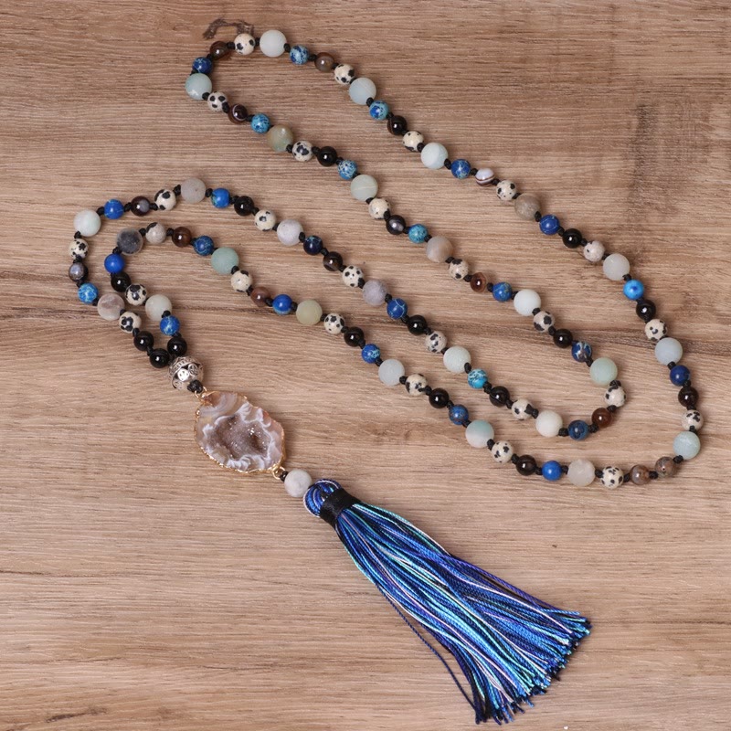 Olivenorma Amazonite Beaded Necklace Tassel Agate Pendant Mala Necklace