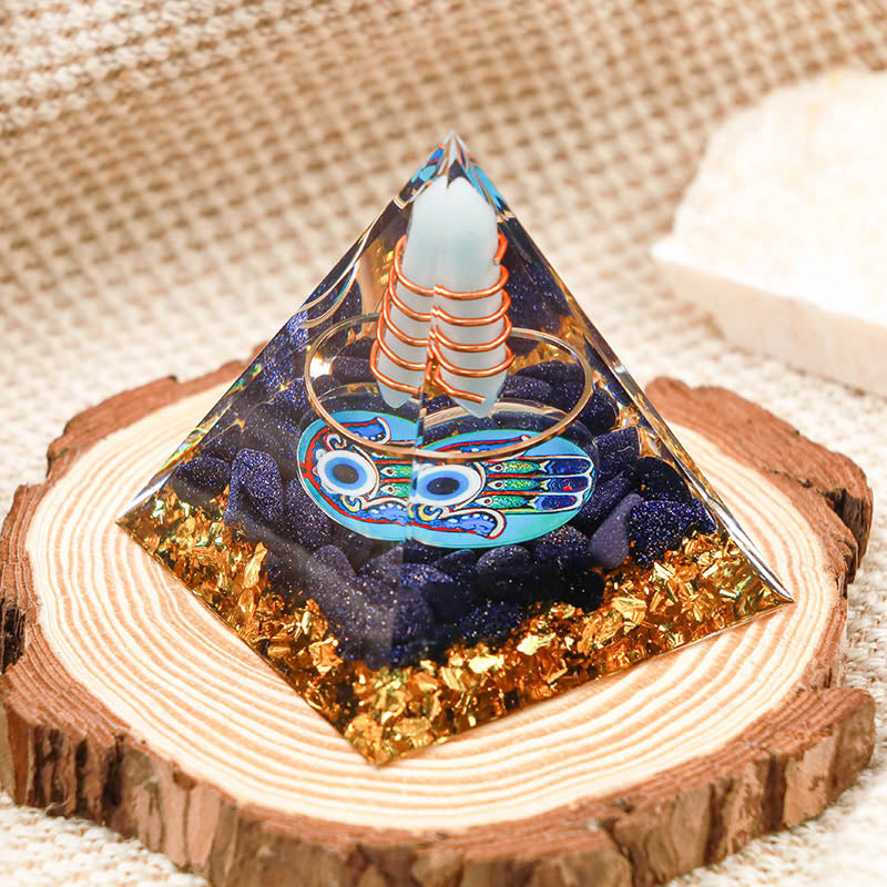 Olivenorma Aquamarine Pillar Hamsa & Evil Eye Orgone Pyramid