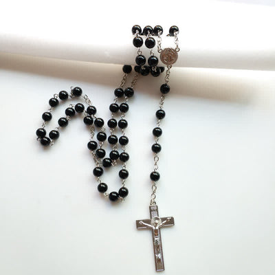 Olivenorma Gothic Cross Black Onyx Rosary Necklace