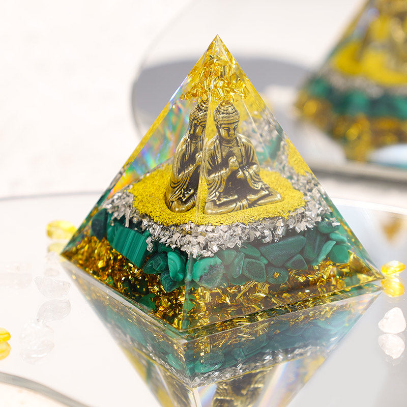 Olivenorma Malachite With Buddha Protection Orgone Pyramid