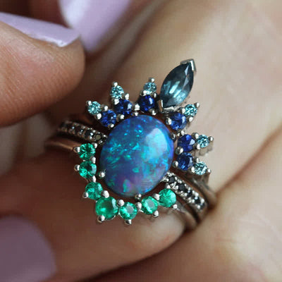 Olivenorma Sapphire With Opal 3 - Piece Ring Set