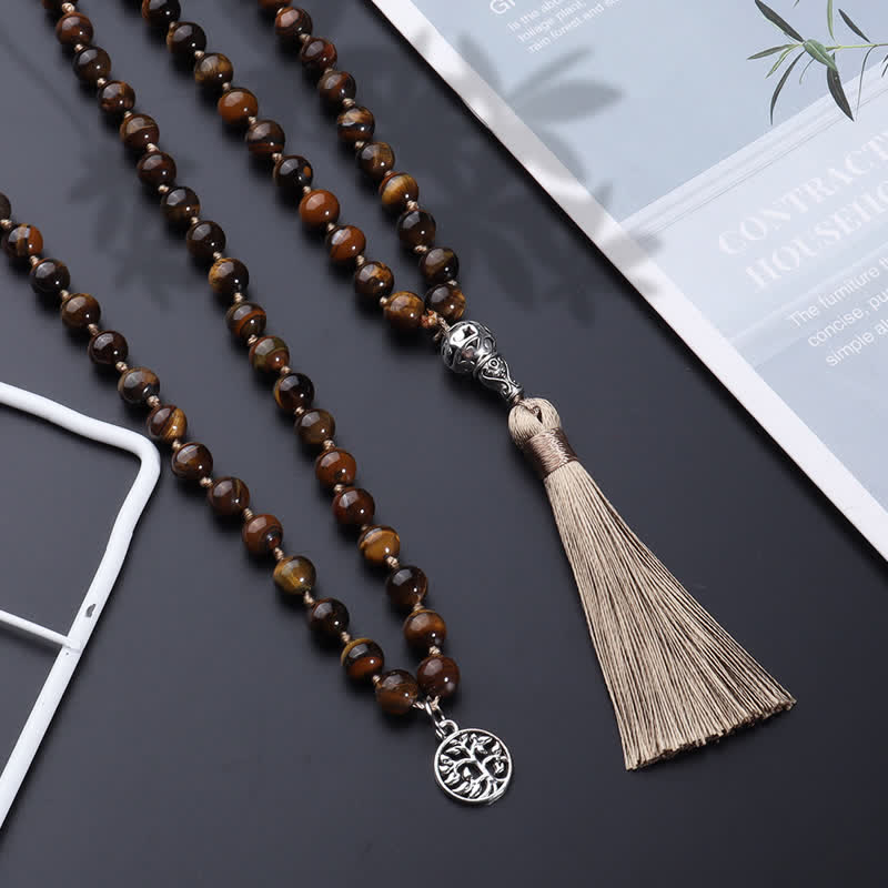 Olivenorma 108 Tiger Eye Mala Beads Tree Of Life Necklace