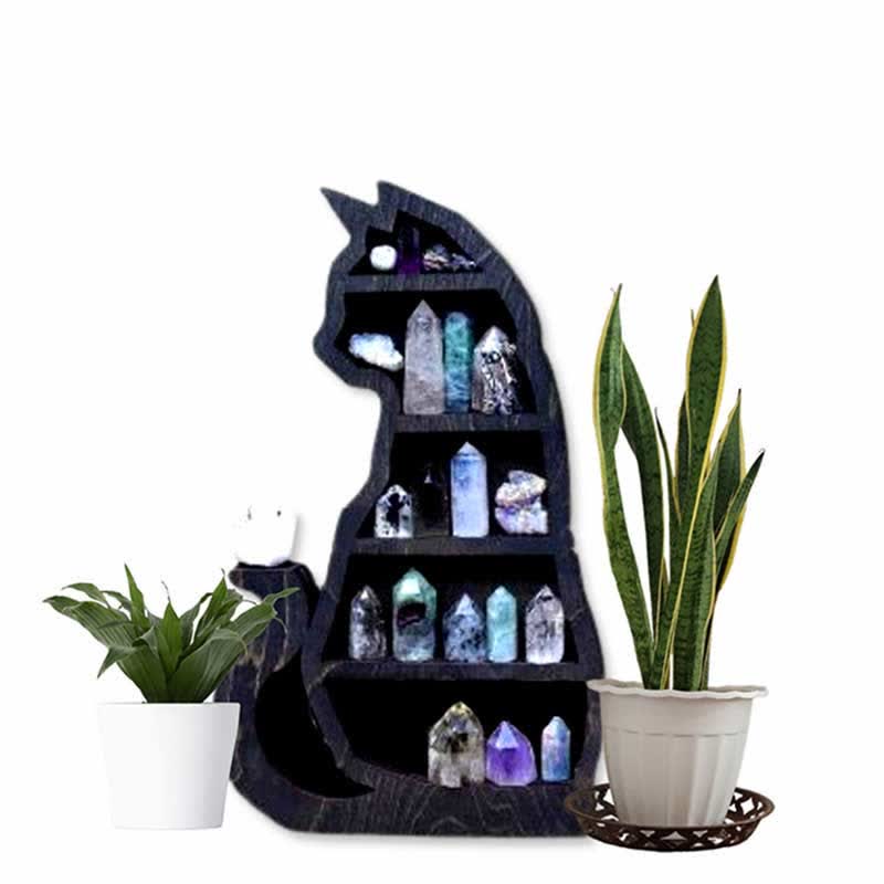 Olivenorma Crescent Moon & Cat Wooden Crystal Shelf