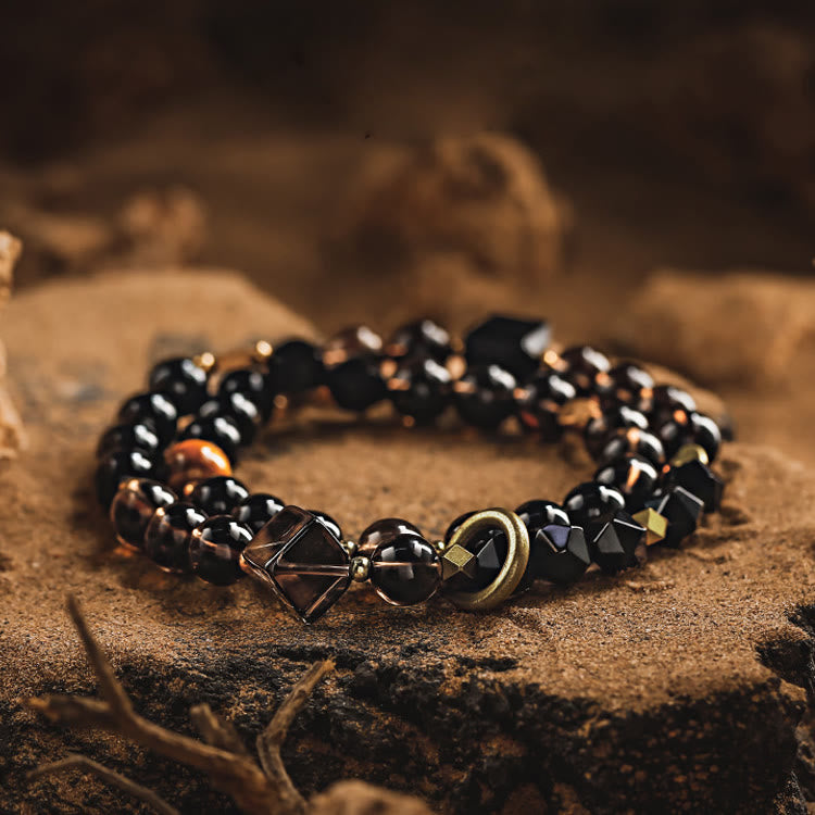 Olivenorma Men Obsidian Smoky Quartz Beads Titanium Steel Bracelet