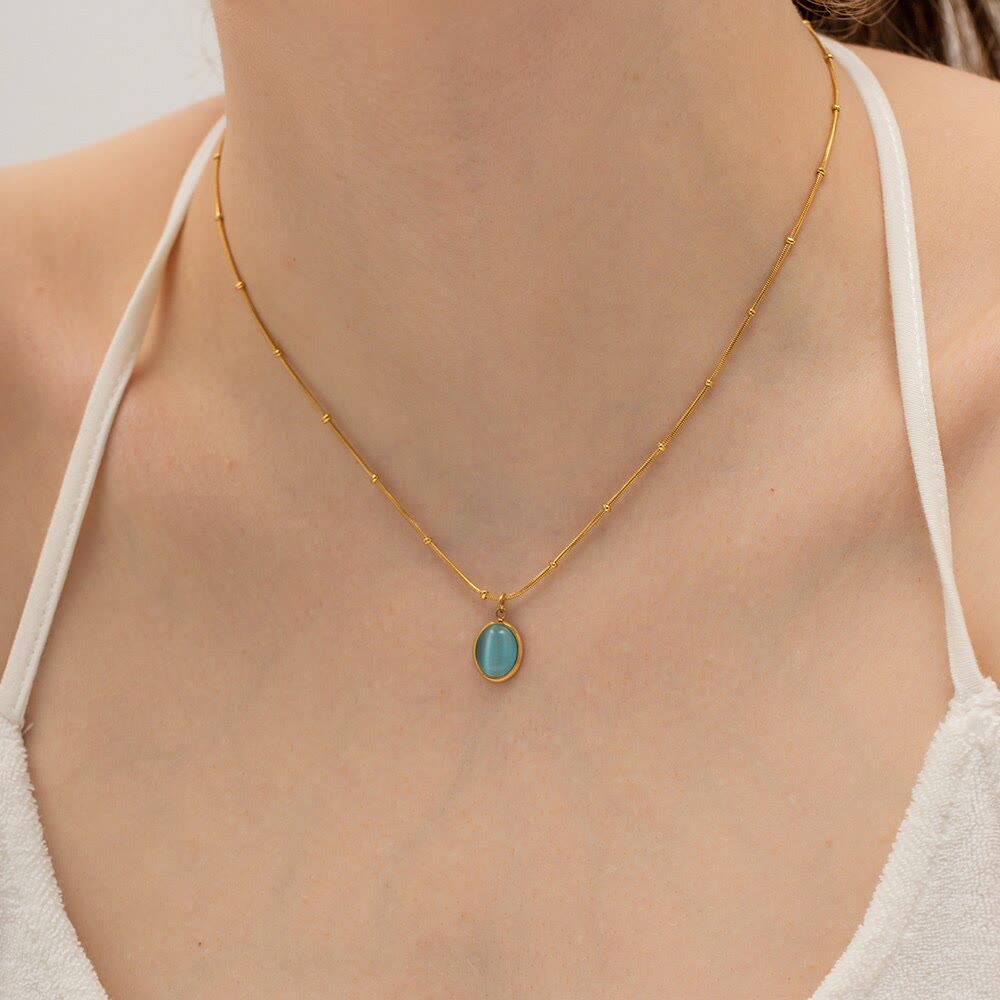 Olivenorma Blue Cat's Eye Stone Heart Square Pendant Necklace