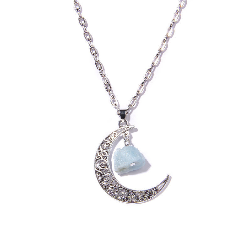 Olivenorma Silver Moon Natural Stone Pendant Necklace