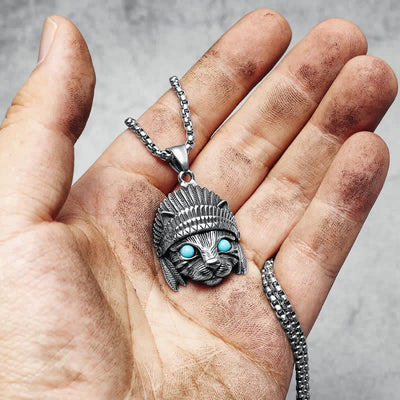 Olivenorma Chief Cat Stainless Steel Blue Turquoise Eye Rock Punk Necklace