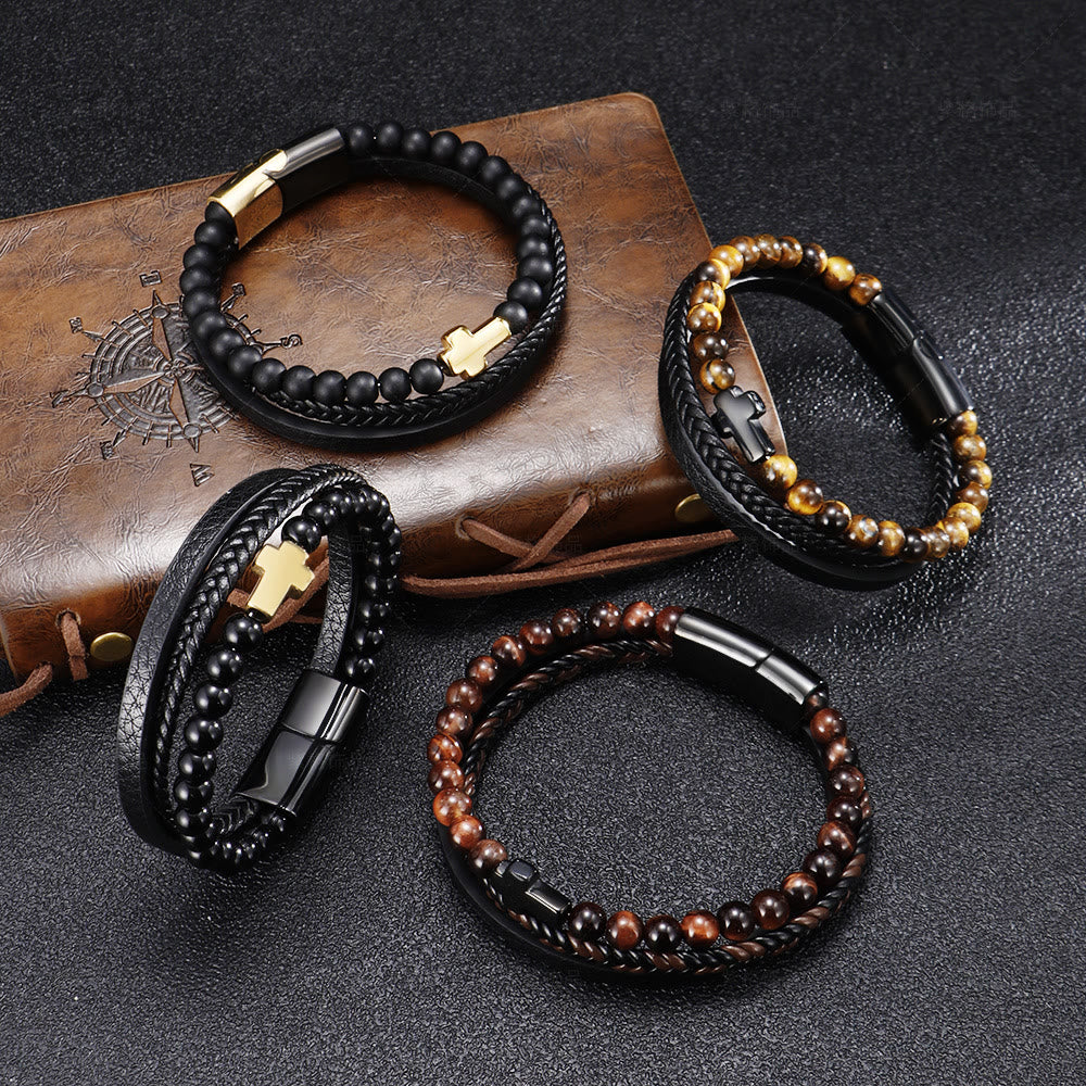 Olivenorma Tiger Eye Cross Stainless Steel Braided Leather Bracelet