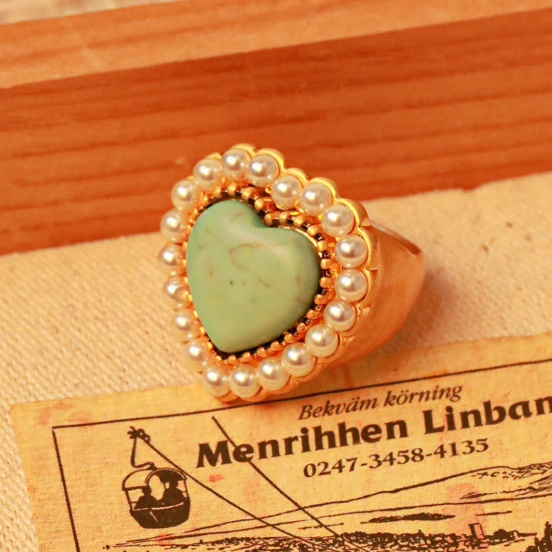 Olivenorma Turquoise Pearl Heart Shape Adjustable Ring