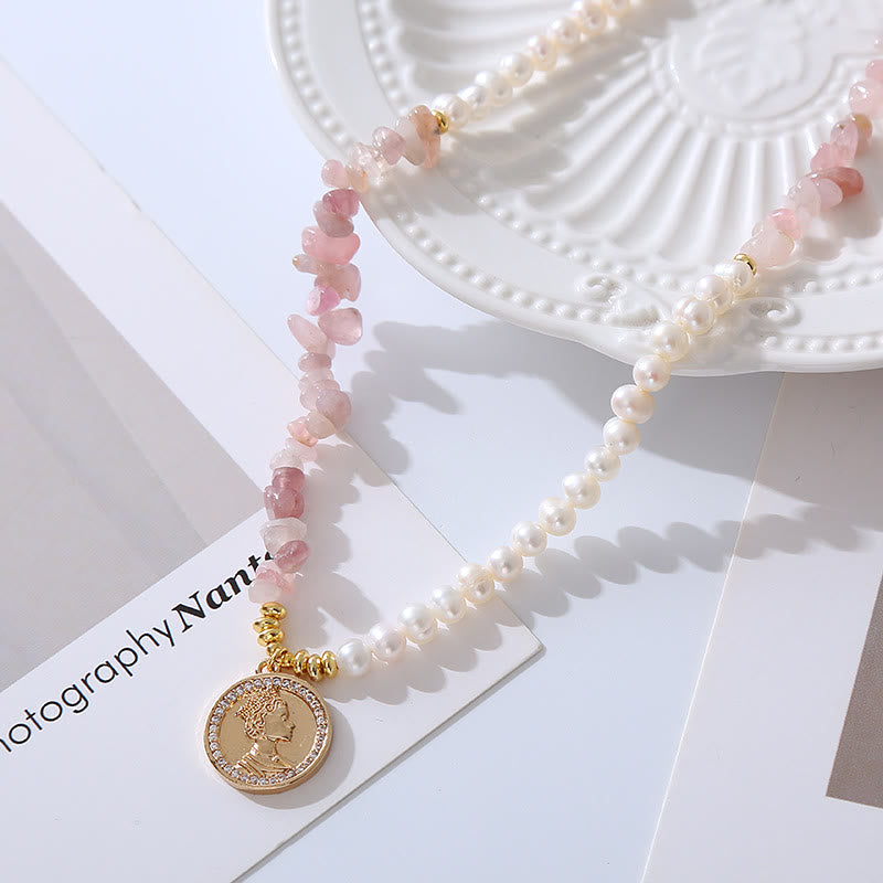 Olivenorma Irregular Strawberry Quartz Pearl Metal Sheet Pendant Necklace