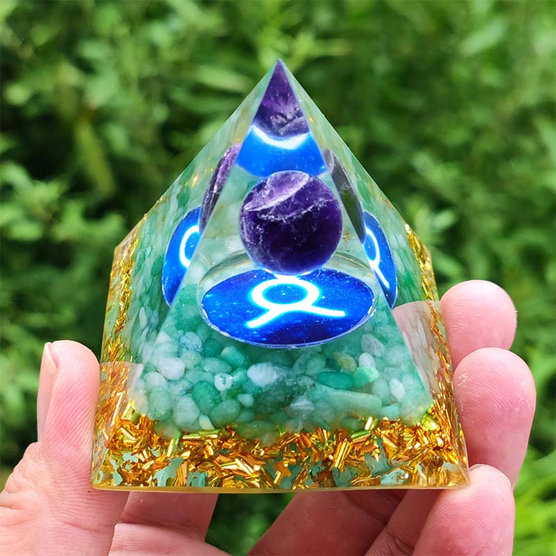 Olivenorma Amethyst with Green Aventurine Taurus Zodiac Orgone Pyramid