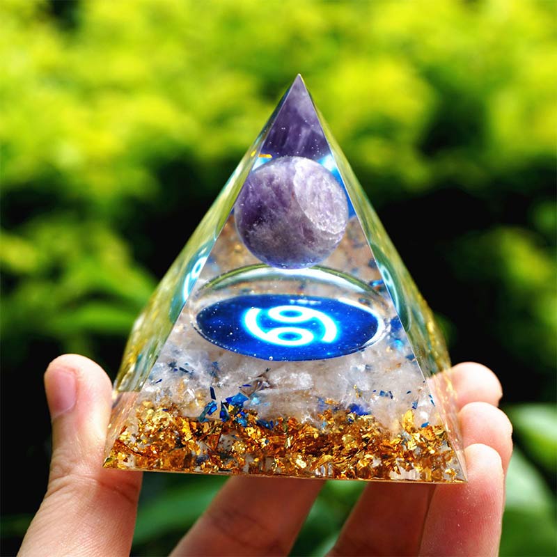 Olivenorma Amethyst with Clear Quartz Cancer Zodiac Orgone Pyramid