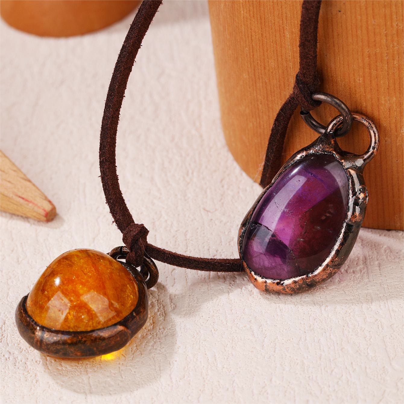 OlivenormaNatural Rough Stone Irregular Pendant Leather Rope Necklace