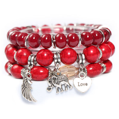 Olivenorma Elephant Wings Heart Pendant Beaded Bracelet Set