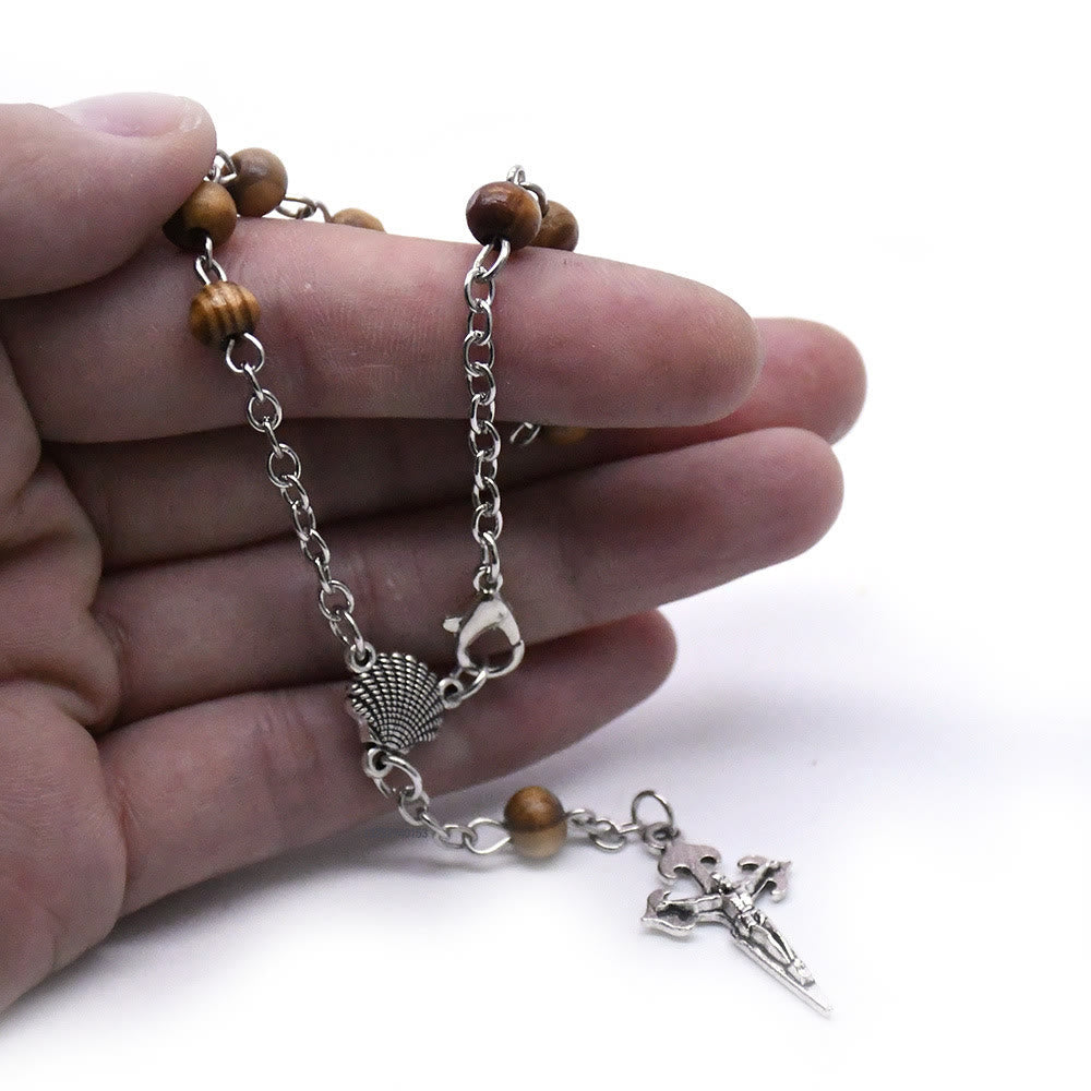 Olivenorma 6mm Wooden Bead Rosary Cross Bracelet