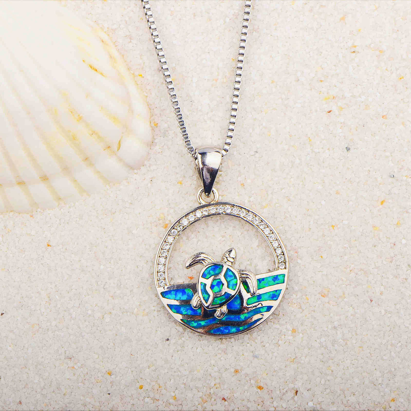 Olivenorma Hawaiian Blue Opal Swimming Turtle Pendant Necklace