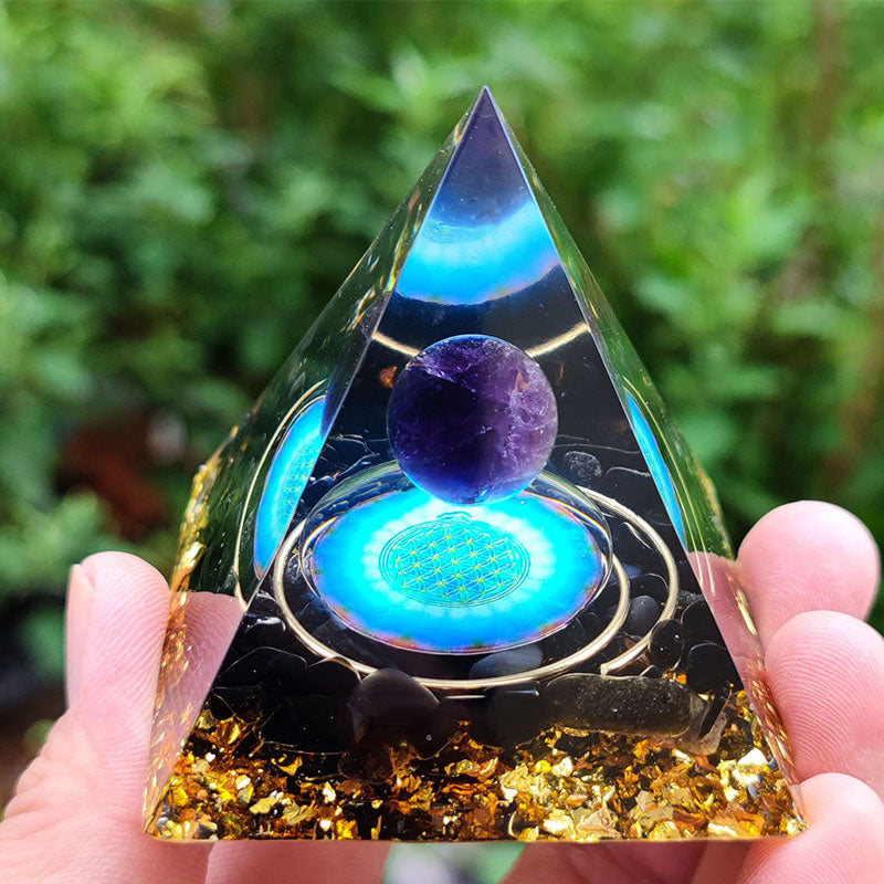 (Clearance 30% OFF / CODE: OFF30) - Olivenorma Amethyst Crystal Sphere with Obsidian Orgone Pyramid