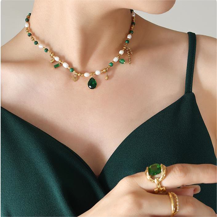 Olivenorma Emerald Pearl Beaded Non Fading Gold Necklace