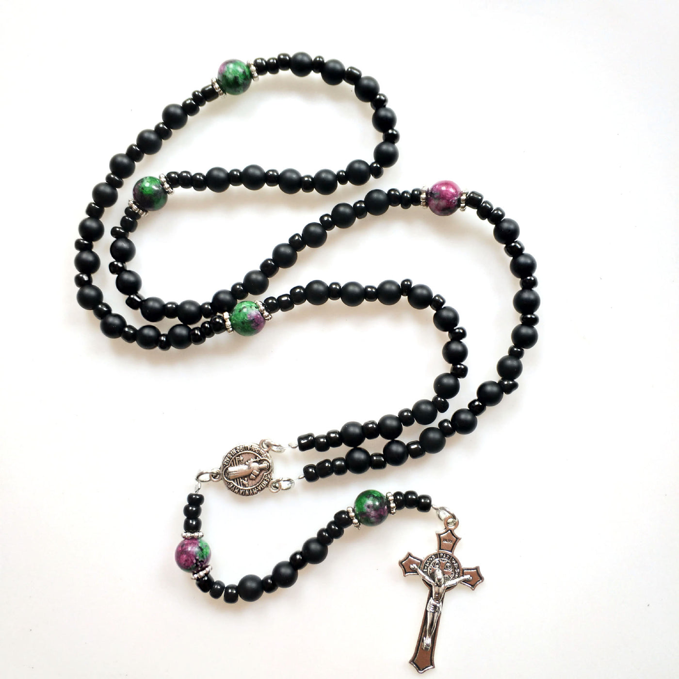 Olivenorma Black Onyx Ruby Zoisite Cross Rosary Necklace