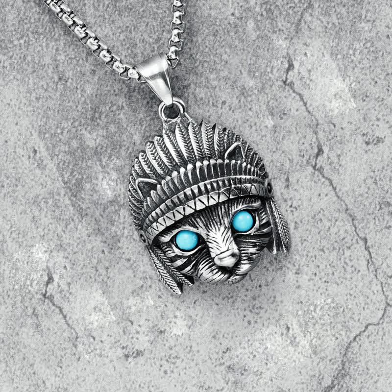 Olivenorma Chief Cat Stainless Steel Blue Turquoise Eye Rock Punk Necklace