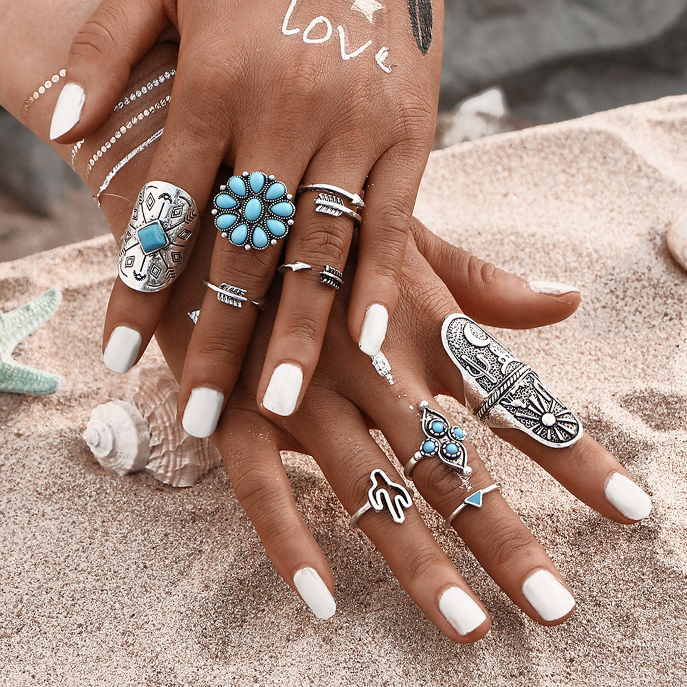 Olivenorma 9-piece Boho Stackable Turquoise Ring Set