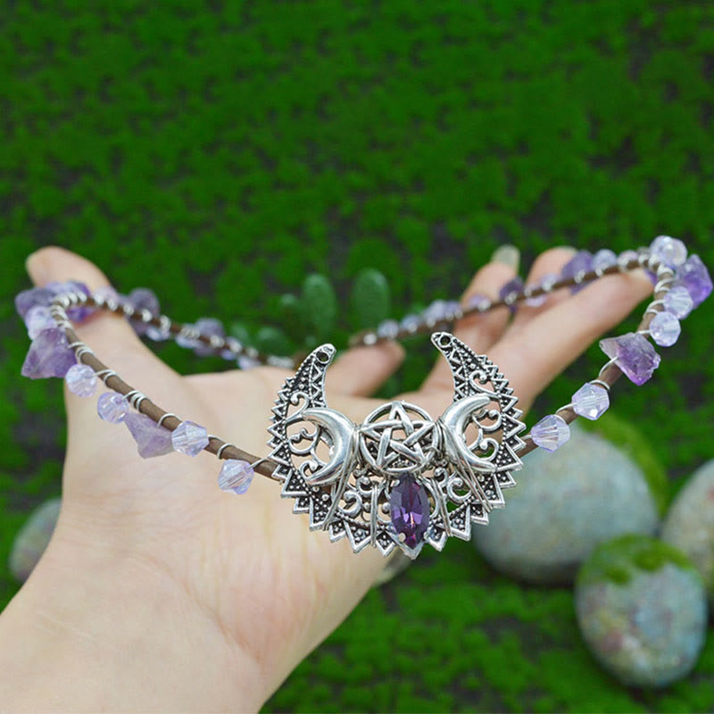 Olivenorma Natural Amethyst White Crystal Moon Wreath Crown Headband