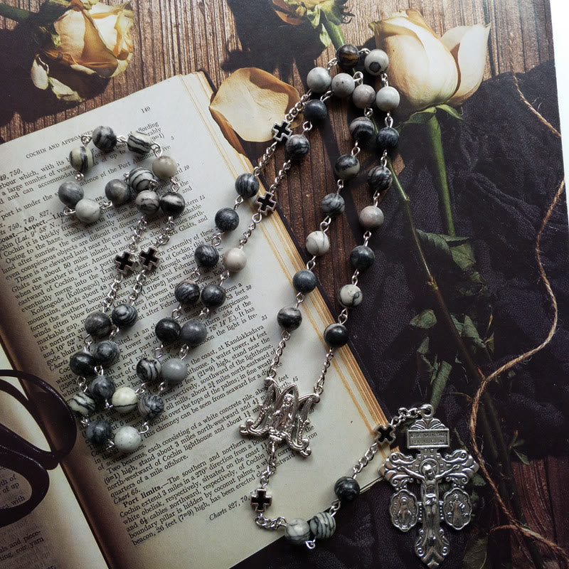 Olivenorma Black Network Agate Holy Mother Cross Rosary Necklace