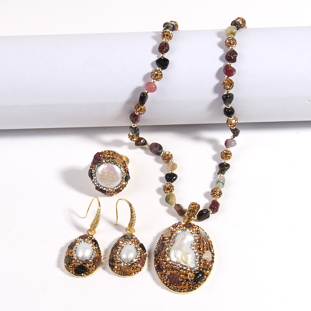 Olivenorma Morganite Tourmaline Freshwater Pearl Jewelry Set