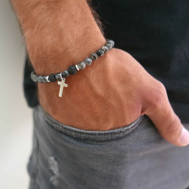 Olivenorma Mens Bohemian Natural Stone Beaded Cross Bracelet