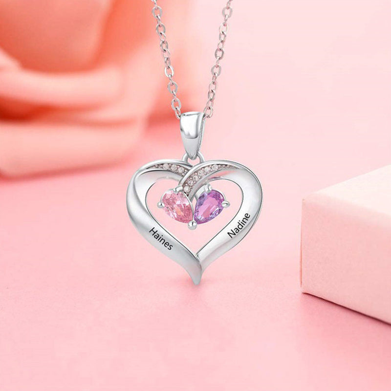 Olivenorma Personalized and Engraved Heart Love Birthstones Necklace