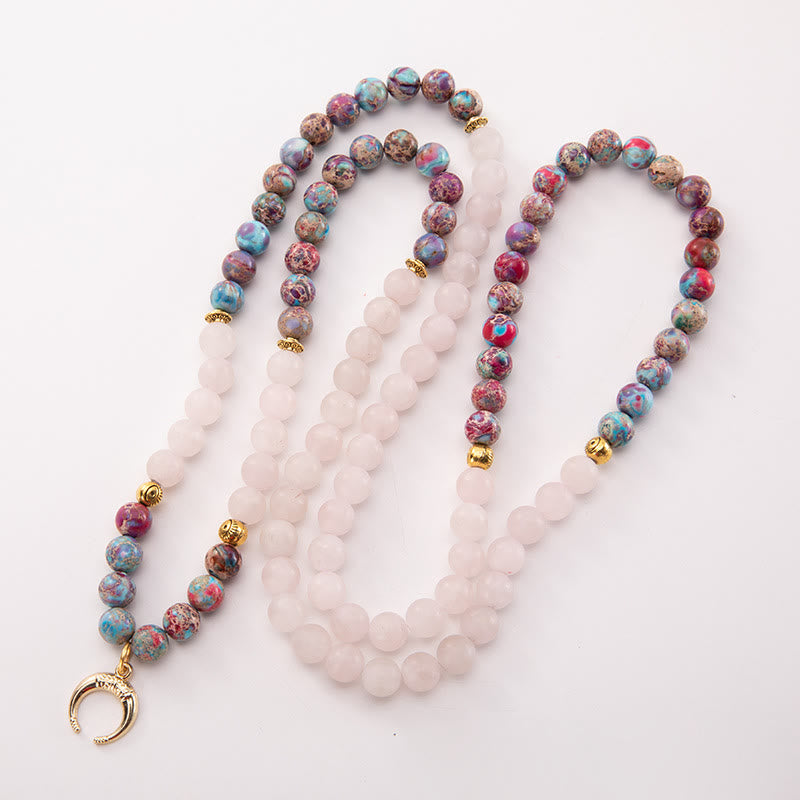 Olivenorma Rose Quartz Emperor Stone Moon Pendant Rosary Necklace