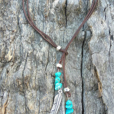 Olivenorma Turquoise Leather Cord Alloy Feather Pendant Necklace