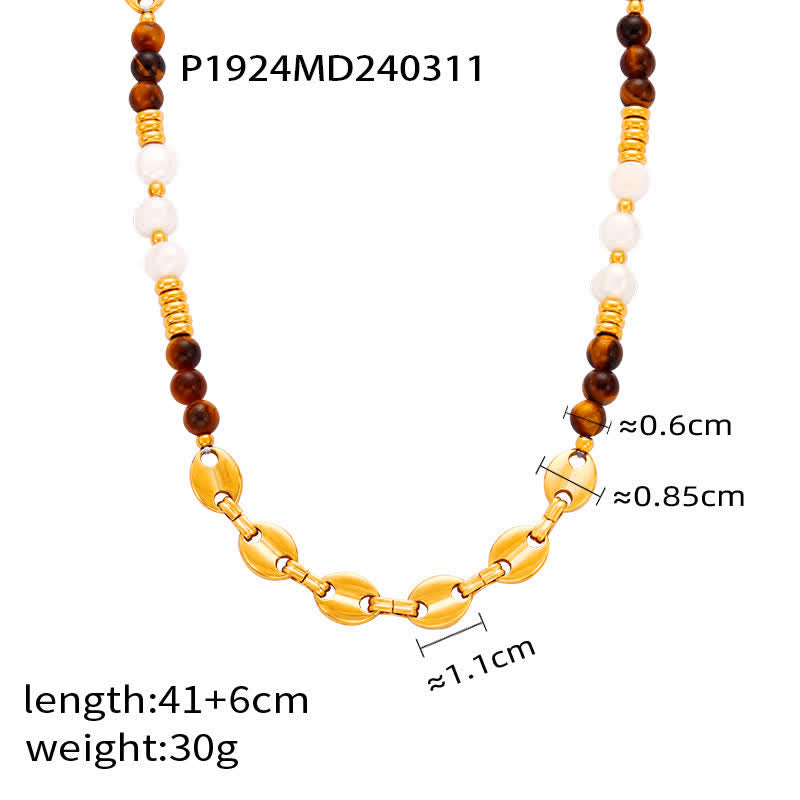 Olivenorma Tiger Eye Obsidian Freshwater Pearl Titanium Steel Necklace