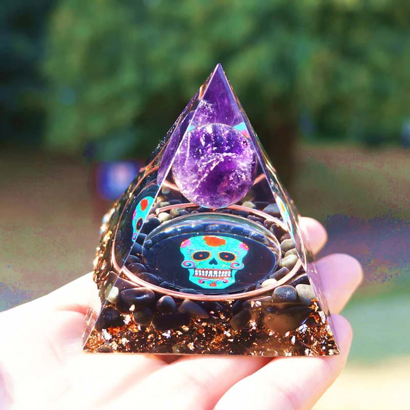 Olivenorma Amethyst&Obsidian Skull Symbol Orgone Pyramid