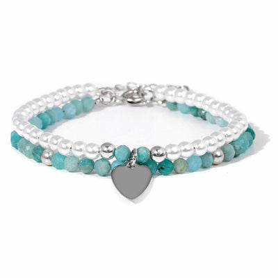 Olivenorma Faceted Stone Pearl Heart Charm Double Layer Bracelet