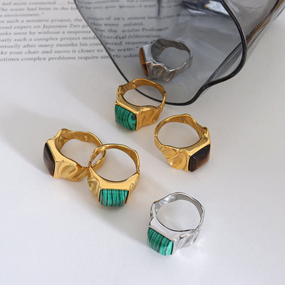 Olivenorma Square Malachite Tiger Eye Gold Silver Titanium Ring